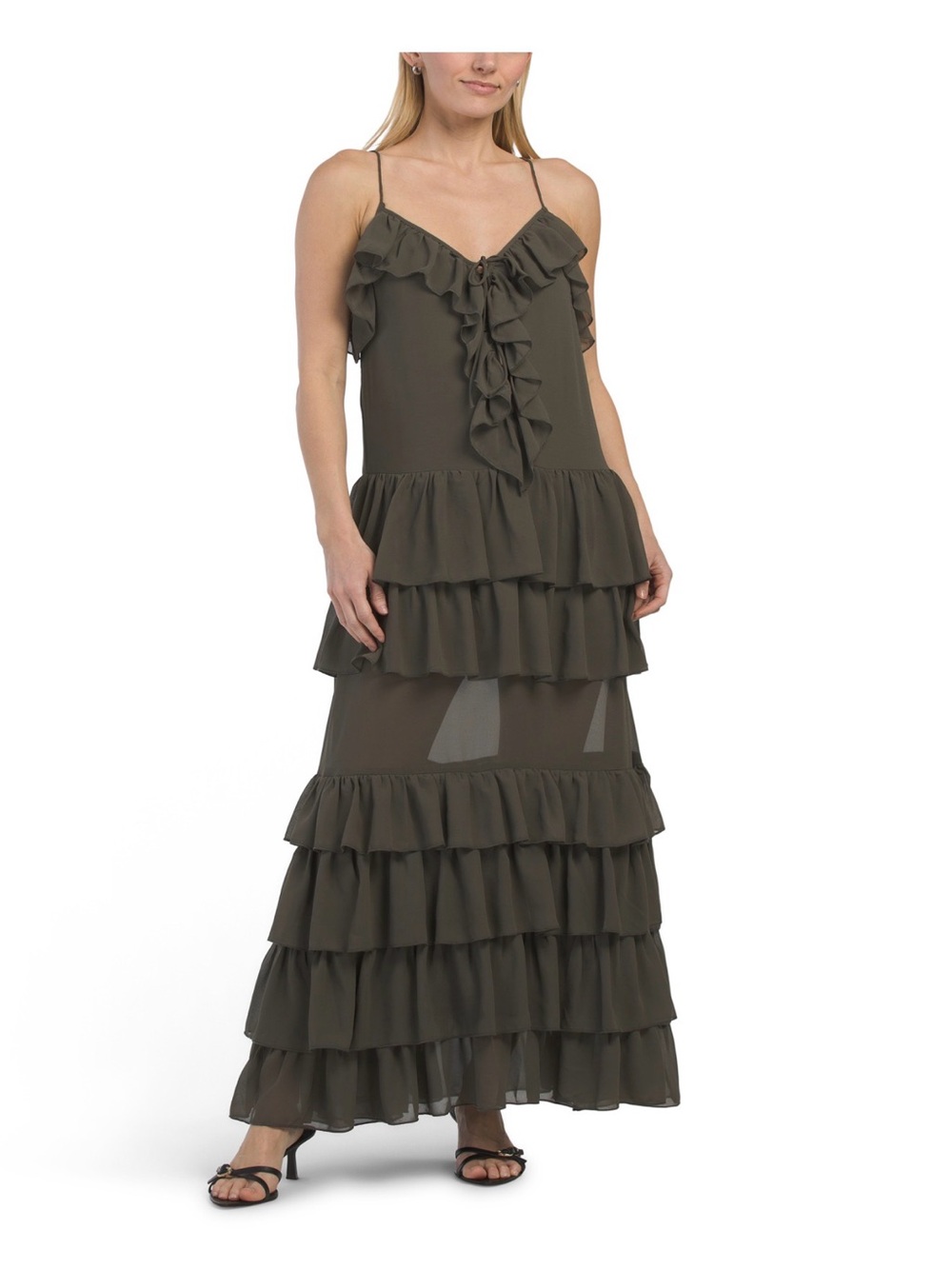 Torn by Ronny Kobo Olive Ruffled Tiered Maxi Dress